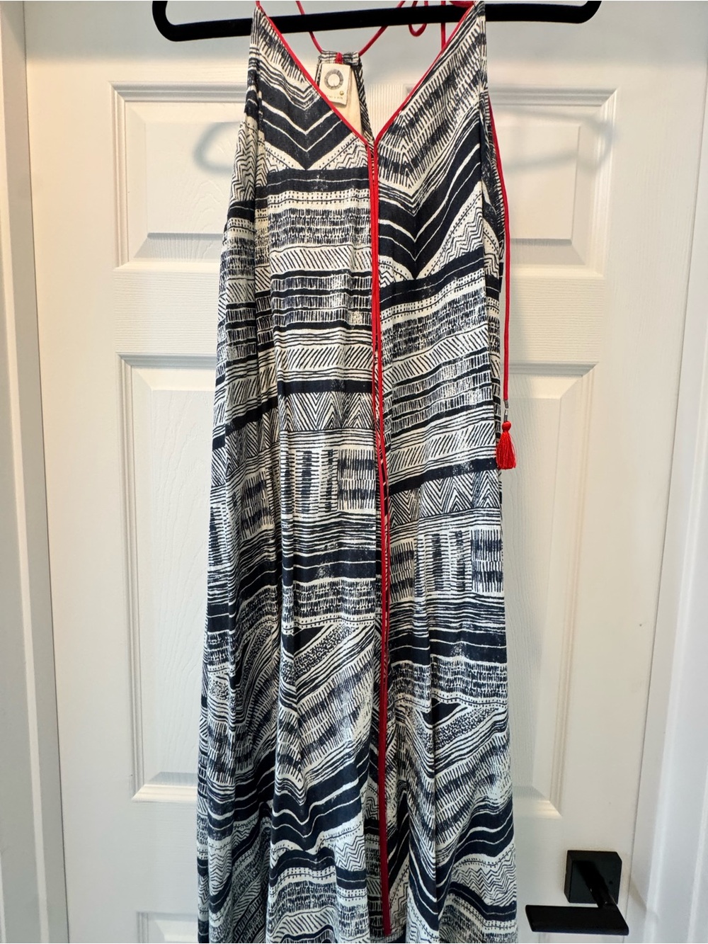Akemie + Kim Navy and White Printed Maxi Dress with Red Trim